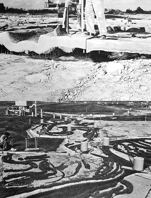 Concrete templates being swung into place (top), model photographed when just completed (bottom); both courtesy U.S. Army Engineer Waterways Experiment Station, 1971.